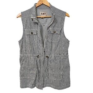 AMX Womens Blue‎ White Railroad Stripe Utility Vest Drawstring Waist Large
